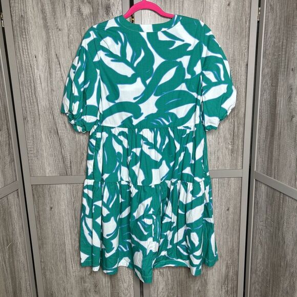 Chico’s Dress Short Layered Puff Sleeves Pockets Green Leaves Poplin Size 4 - Picture 8 of 8